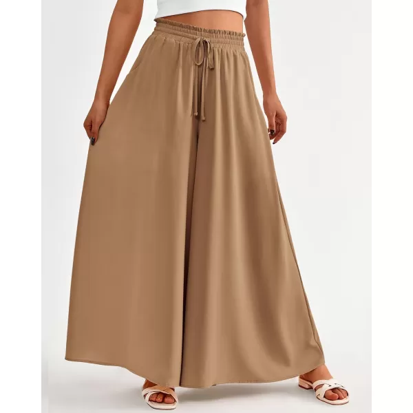 BTFBM Women Casual High Waist Wide Leg Pants Summer Floral Solid Long Palazzo Pants Lounge Beach Trousers with PocketSolid Khaki
