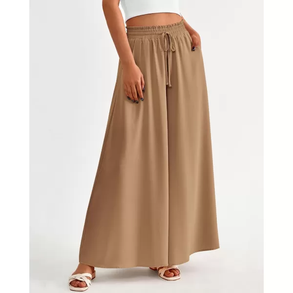 BTFBM Women Casual High Waist Wide Leg Pants Summer Floral Solid Long Palazzo Pants Lounge Beach Trousers with PocketSolid Khaki