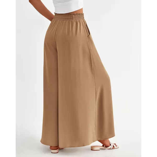 BTFBM Women Casual High Waist Wide Leg Pants Summer Floral Solid Long Palazzo Pants Lounge Beach Trousers with PocketSolid Khaki