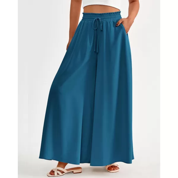 BTFBM Women Casual High Waist Wide Leg Pants Summer Floral Solid Long Palazzo Pants Lounge Beach Trousers with PocketSolid Lake Blue