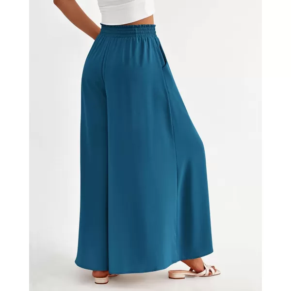 BTFBM Women Casual High Waist Wide Leg Pants Summer Floral Solid Long Palazzo Pants Lounge Beach Trousers with PocketSolid Lake Blue