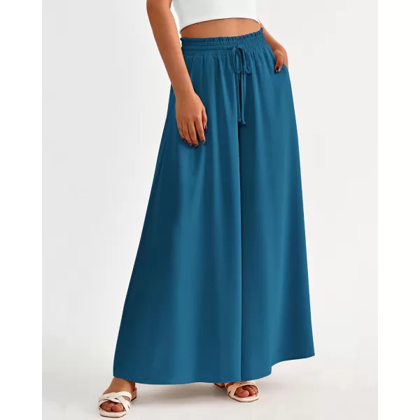 BTFBM Women Casual High Waist Wide Leg Pants Summer Floral Solid Long Palazzo Pants Lounge Beach Trousers with PocketSolid Lake Blue