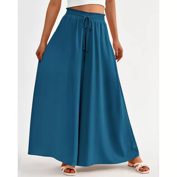 BTFBM Women Casual High Waist Wide Leg Pants Summer Floral Solid Long Palazzo Pants Lounge Beach Trousers with PocketSolid Lake Blue