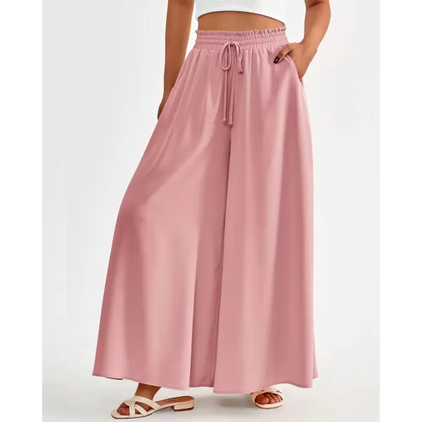 BTFBM Women Casual High Waist Wide Leg Pants Summer Floral Solid Long Palazzo Pants Lounge Beach Trousers with PocketSolid Pink