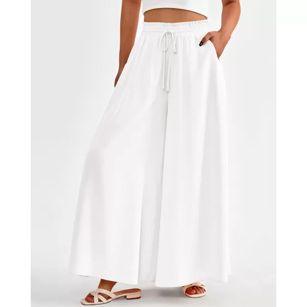 BTFBM Women Casual High Waist Wide Leg Pants Summer Floral Solid Long Palazzo Pants Lounge Beach Trousers with PocketSolid White