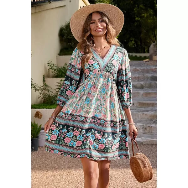 BTFBM Women Casual Spring Summer Dresses V Neck 34 Long Sleeve Ruffle Floral Flowy Boho Babydoll Mini Short Beach DressFloral Apricot