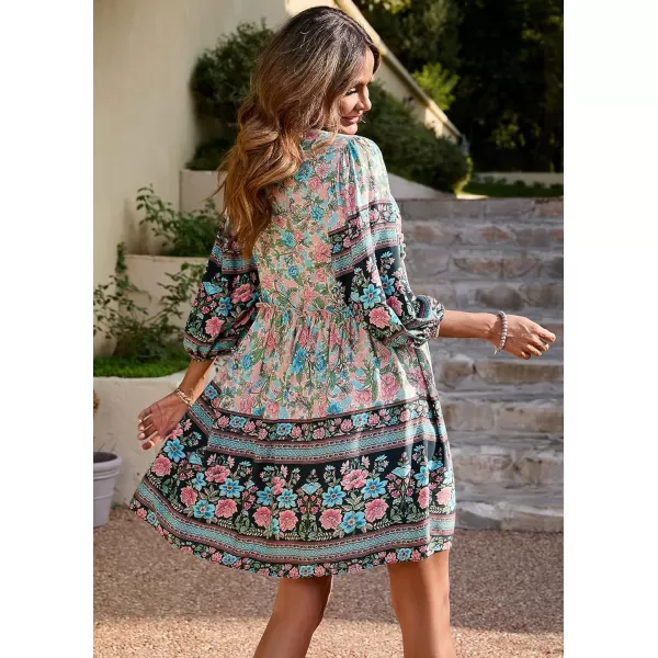 BTFBM Women Casual Spring Summer Dresses V Neck 34 Long Sleeve Ruffle Floral Flowy Boho Babydoll Mini Short Beach DressFloral Apricot
