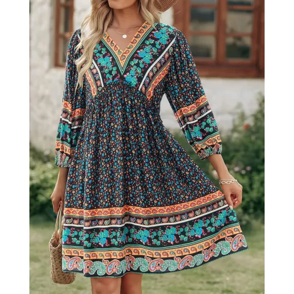 BTFBM Women Casual Spring Summer Dresses V Neck 34 Long Sleeve Ruffle Floral Flowy Boho Babydoll Mini Short Beach DressFloral Black