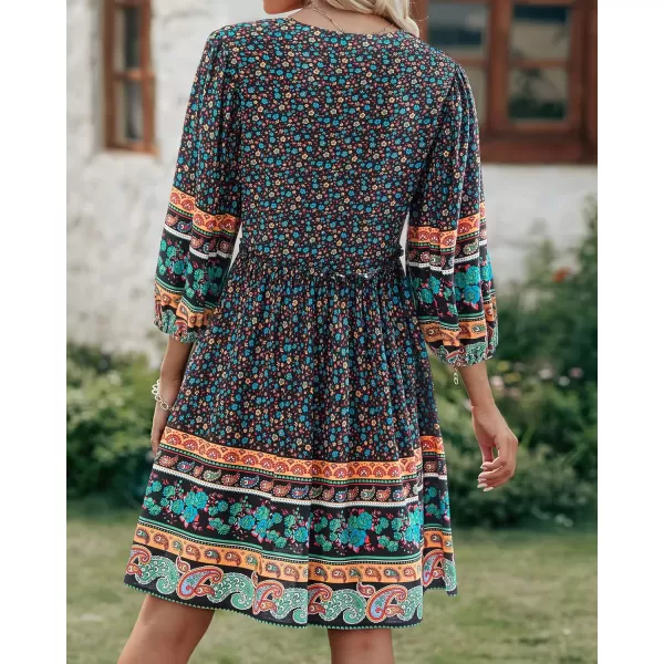 BTFBM Women Casual Spring Summer Dresses V Neck 34 Long Sleeve Ruffle Floral Flowy Boho Babydoll Mini Short Beach DressFloral Black
