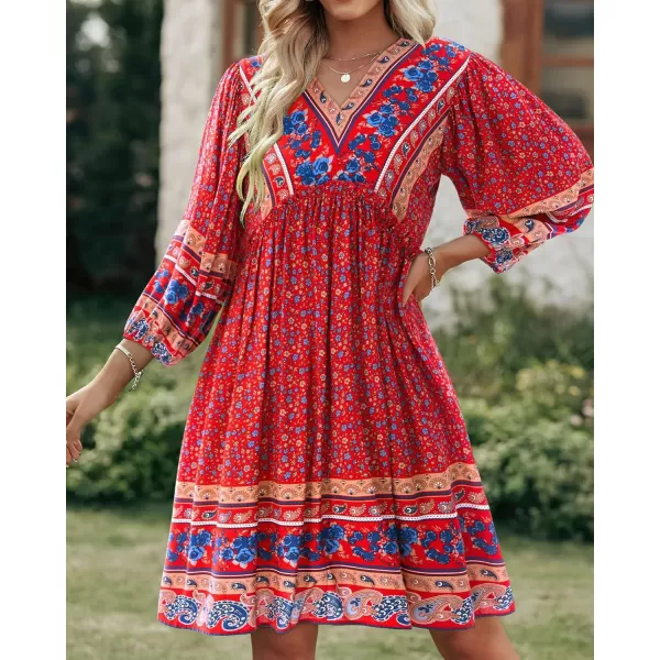BTFBM Women Casual Spring Summer Dresses V Neck 34 Long Sleeve Ruffle Floral Flowy Boho Babydoll Mini Short Beach DressFloral Blue Red