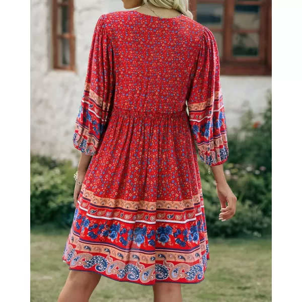 BTFBM Women Casual Spring Summer Dresses V Neck 34 Long Sleeve Ruffle Floral Flowy Boho Babydoll Mini Short Beach DressFloral Blue Red