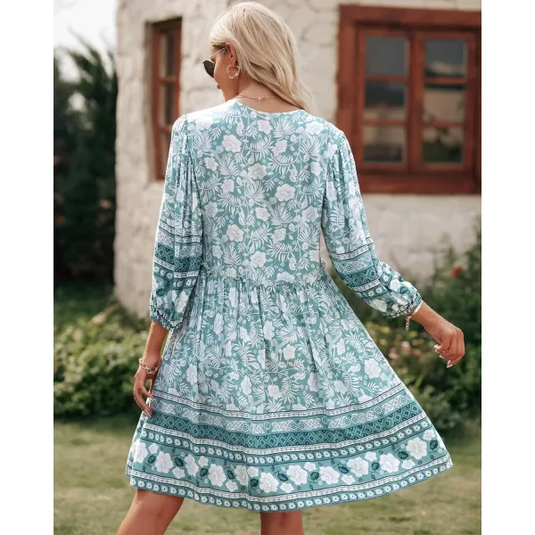 BTFBM Women Casual Spring Summer Dresses V Neck 34 Long Sleeve Ruffle Floral Flowy Boho Babydoll Mini Short Beach DressFloral Blue White