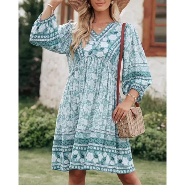 BTFBM Women Casual Spring Summer Dresses V Neck 34 Long Sleeve Ruffle Floral Flowy Boho Babydoll Mini Short Beach DressFloral Blue White