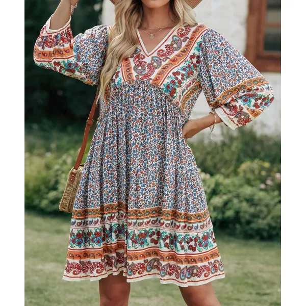BTFBM Women Casual Spring Summer Dresses V Neck 34 Long Sleeve Ruffle Floral Flowy Boho Babydoll Mini Short Beach DressFloral Brown Apricot