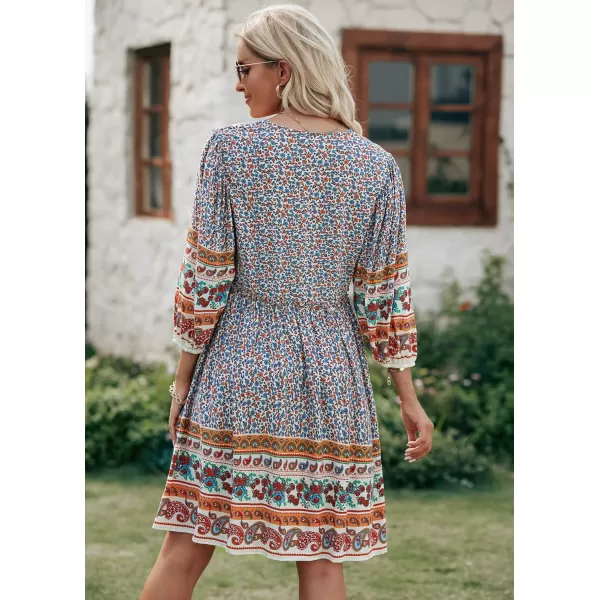 BTFBM Women Casual Spring Summer Dresses V Neck 34 Long Sleeve Ruffle Floral Flowy Boho Babydoll Mini Short Beach DressFloral Brown Apricot