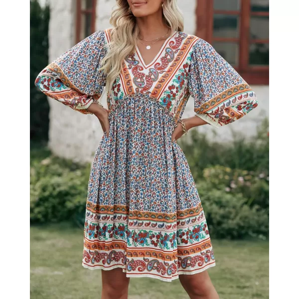 BTFBM Women Casual Spring Summer Dresses V Neck 34 Long Sleeve Ruffle Floral Flowy Boho Babydoll Mini Short Beach DressFloral Brown Apricot