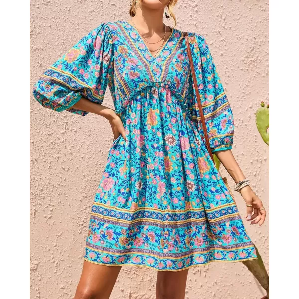 BTFBM Women Casual Spring Summer Dresses V Neck 34 Long Sleeve Ruffle Floral Flowy Boho Babydoll Mini Short Beach DressFloral Green