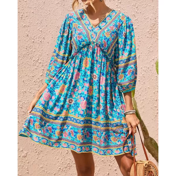 BTFBM Women Casual Spring Summer Dresses V Neck 34 Long Sleeve Ruffle Floral Flowy Boho Babydoll Mini Short Beach DressFloral Green
