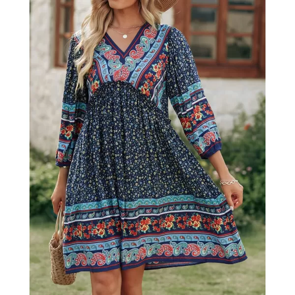 BTFBM Women Casual Spring Summer Dresses V Neck 34 Long Sleeve Ruffle Floral Flowy Boho Babydoll Mini Short Beach DressFloral Navy