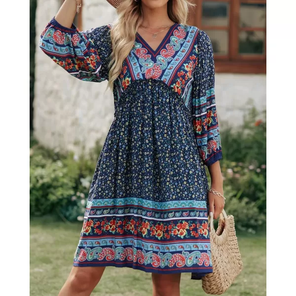BTFBM Women Casual Spring Summer Dresses V Neck 34 Long Sleeve Ruffle Floral Flowy Boho Babydoll Mini Short Beach DressFloral Navy