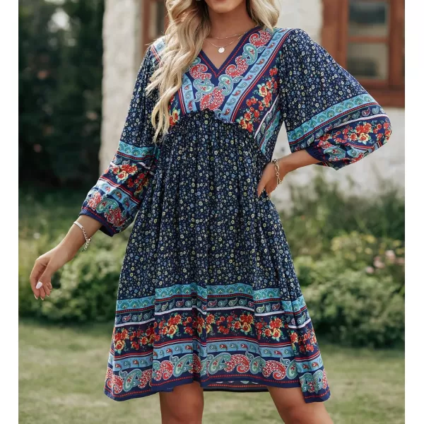 BTFBM Women Casual Spring Summer Dresses V Neck 34 Long Sleeve Ruffle Floral Flowy Boho Babydoll Mini Short Beach DressFloral Navy