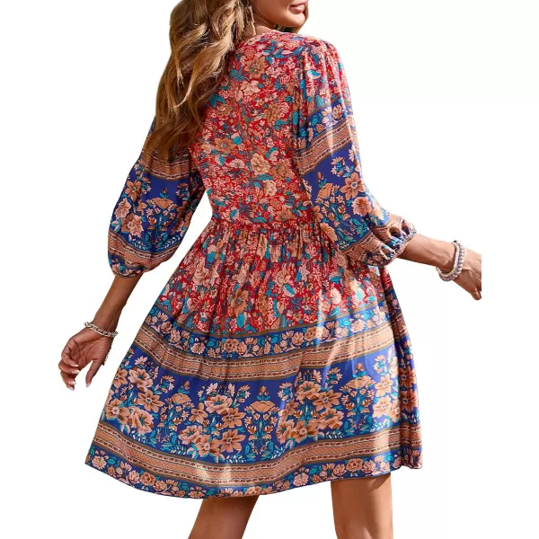 BTFBM Women Casual Spring Summer Dresses V Neck 34 Long Sleeve Ruffle Floral Flowy Boho Babydoll Mini Short Beach DressFloral Red