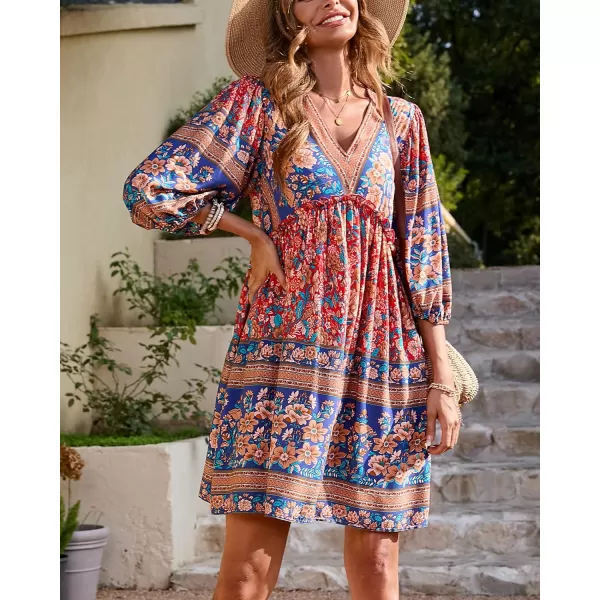 BTFBM Women Casual Spring Summer Dresses V Neck 34 Long Sleeve Ruffle Floral Flowy Boho Babydoll Mini Short Beach DressFloral Red