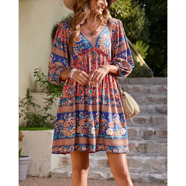 BTFBM Women Casual Spring Summer Dresses V Neck 34 Long Sleeve Ruffle Floral Flowy Boho Babydoll Mini Short Beach DressFloral Red
