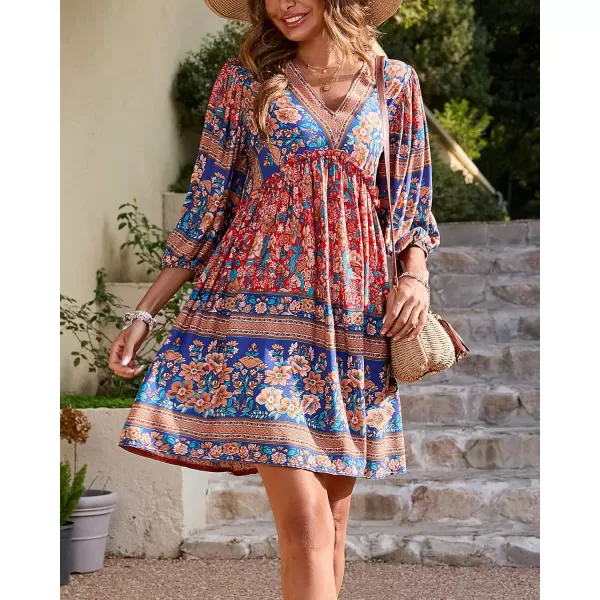 BTFBM Women Casual Spring Summer Dresses V Neck 34 Long Sleeve Ruffle Floral Flowy Boho Babydoll Mini Short Beach DressFloral Red