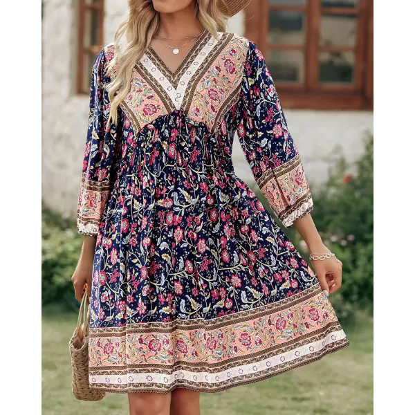 BTFBM Women Casual Spring Summer Dresses V Neck 34 Long Sleeve Ruffle Floral Flowy Boho Babydoll Mini Short Beach DressFloral Red Navy