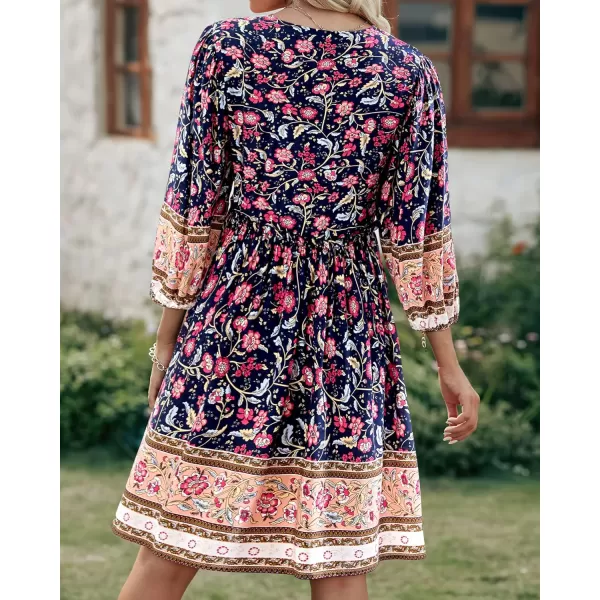 BTFBM Women Casual Spring Summer Dresses V Neck 34 Long Sleeve Ruffle Floral Flowy Boho Babydoll Mini Short Beach DressFloral Red Navy