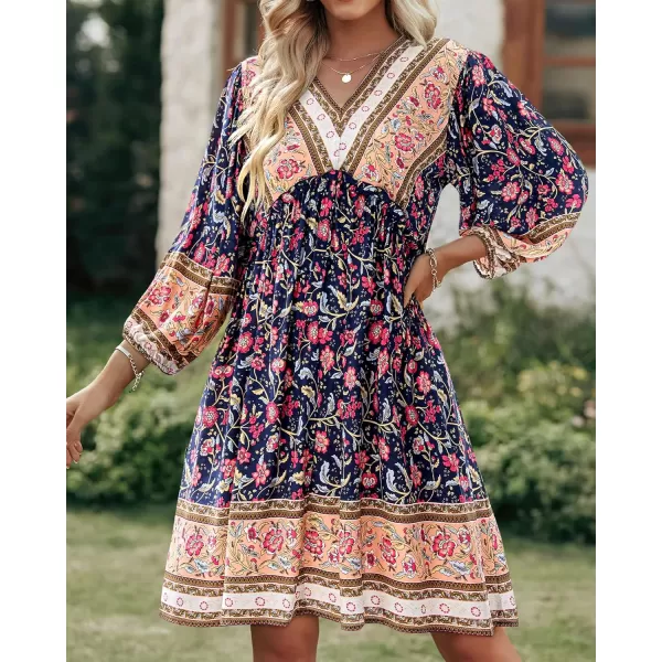 BTFBM Women Casual Spring Summer Dresses V Neck 34 Long Sleeve Ruffle Floral Flowy Boho Babydoll Mini Short Beach DressFloral Red Navy
