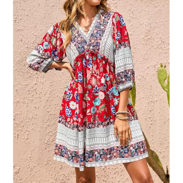 BTFBM Women Casual Spring Summer Dresses V Neck 34 Long Sleeve Ruffle Floral Flowy Boho Babydoll Mini Short Beach DressFloral Red White