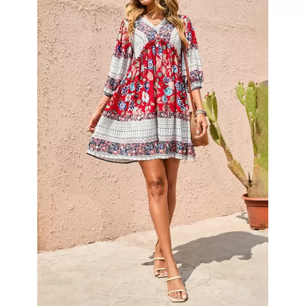 BTFBM Women Casual Spring Summer Dresses V Neck 34 Long Sleeve Ruffle Floral Flowy Boho Babydoll Mini Short Beach DressFloral Red White