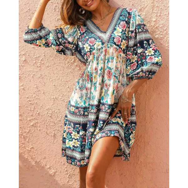 BTFBM Women Casual Spring Summer Dresses V Neck 34 Long Sleeve Ruffle Floral Flowy Boho Babydoll Mini Short Beach DressFloral White