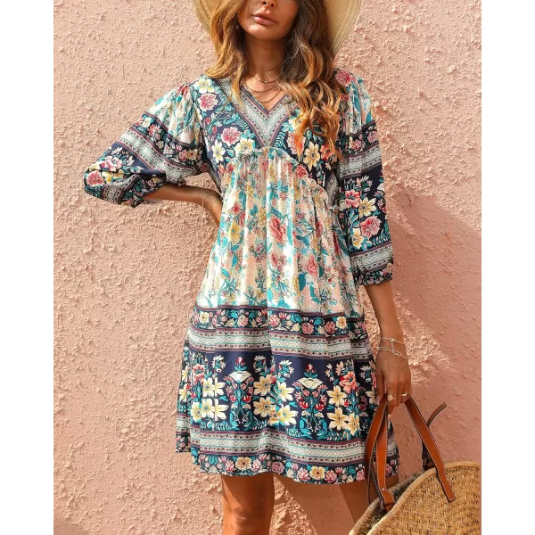 BTFBM Women Casual Spring Summer Dresses V Neck 34 Long Sleeve Ruffle Floral Flowy Boho Babydoll Mini Short Beach DressFloral White