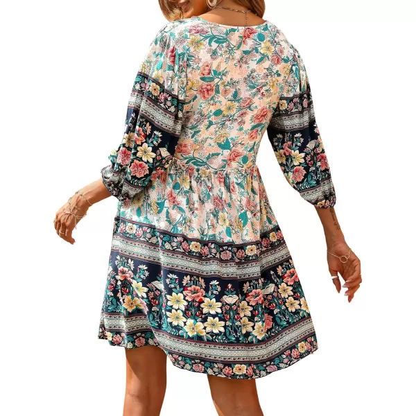 BTFBM Women Casual Spring Summer Dresses V Neck 34 Long Sleeve Ruffle Floral Flowy Boho Babydoll Mini Short Beach DressFloral White