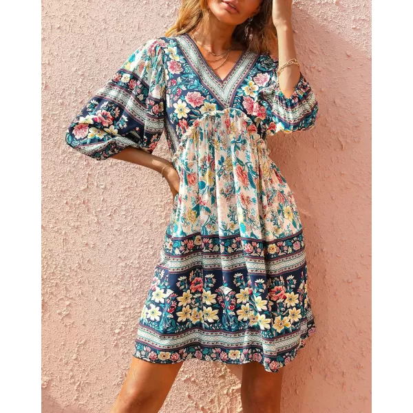 BTFBM Women Casual Spring Summer Dresses V Neck 34 Long Sleeve Ruffle Floral Flowy Boho Babydoll Mini Short Beach DressFloral White