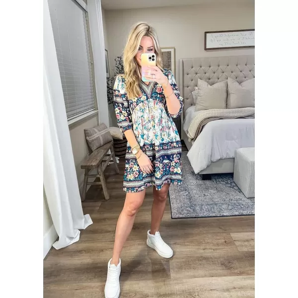 BTFBM Women Casual Spring Summer Dresses V Neck 34 Long Sleeve Ruffle Floral Flowy Boho Babydoll Mini Short Beach DressFloral White