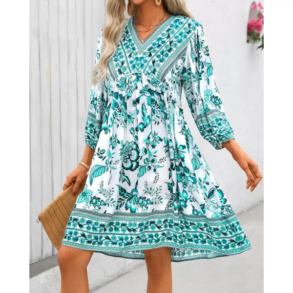 BTFBM Women Casual Spring Summer Dresses V Neck 34 Long Sleeve Ruffle Floral Flowy Boho Babydoll Mini Short Beach DressFloral White Blue
