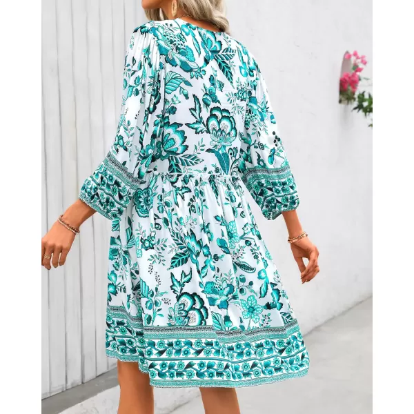 BTFBM Women Casual Spring Summer Dresses V Neck 34 Long Sleeve Ruffle Floral Flowy Boho Babydoll Mini Short Beach DressFloral White Blue