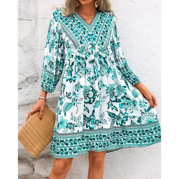 BTFBM Women Casual Spring Summer Dresses V Neck 34 Long Sleeve Ruffle Floral Flowy Boho Babydoll Mini Short Beach DressFloral White Blue