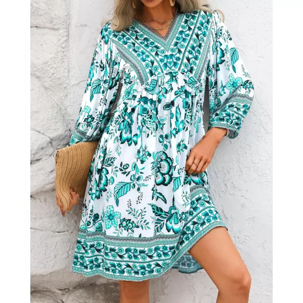 BTFBM Women Casual Spring Summer Dresses V Neck 34 Long Sleeve Ruffle Floral Flowy Boho Babydoll Mini Short Beach DressFloral White Blue