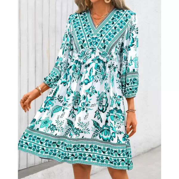 BTFBM Women Casual Spring Summer Dresses V Neck 34 Long Sleeve Ruffle Floral Flowy Boho Babydoll Mini Short Beach DressFloral White Blue