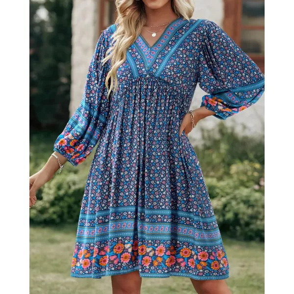BTFBM Women Casual Spring Summer Dresses V Neck 34 Long Sleeve Ruffle Floral Flowy Boho Babydoll Mini Short Beach DressFloral White Blue Grey