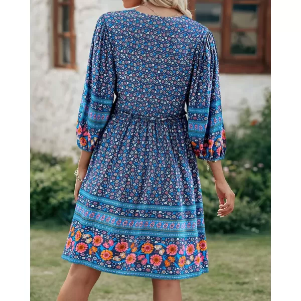 BTFBM Women Casual Spring Summer Dresses V Neck 34 Long Sleeve Ruffle Floral Flowy Boho Babydoll Mini Short Beach DressFloral White Blue Grey