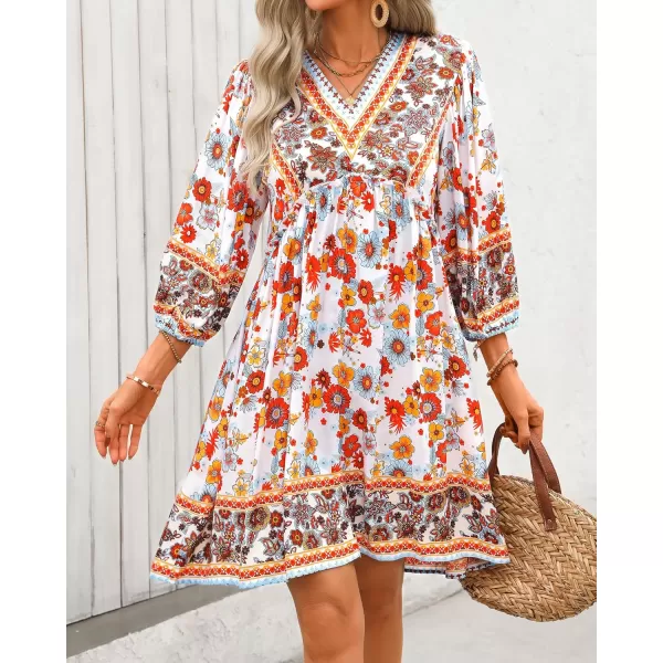 BTFBM Women Casual Spring Summer Dresses V Neck 34 Long Sleeve Ruffle Floral Flowy Boho Babydoll Mini Short Beach DressFloral White Red