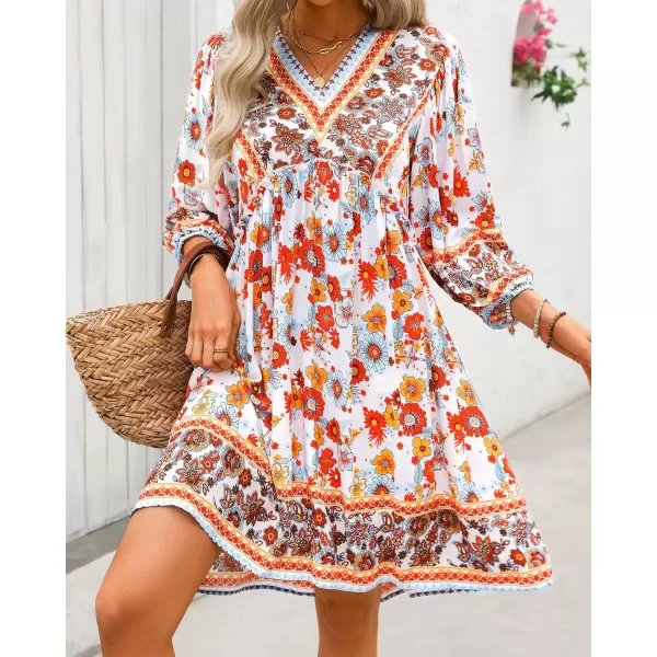 BTFBM Women Casual Spring Summer Dresses V Neck 34 Long Sleeve Ruffle Floral Flowy Boho Babydoll Mini Short Beach DressFloral White Red