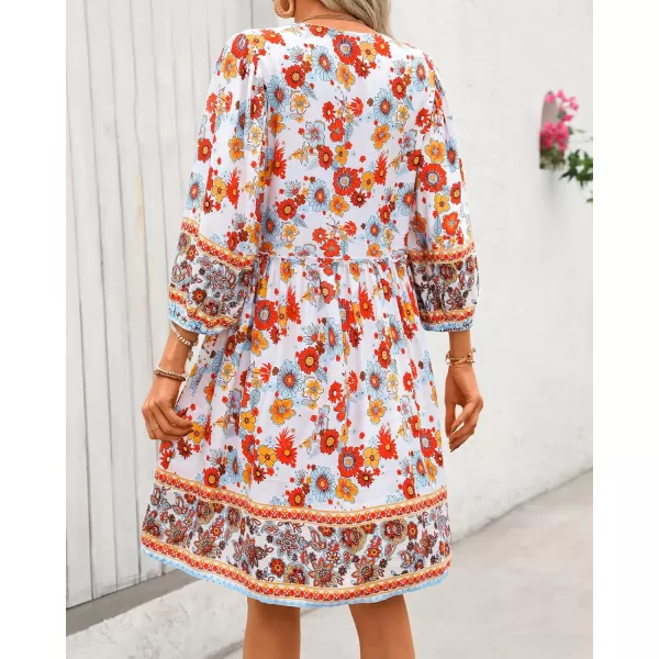 BTFBM Women Casual Spring Summer Dresses V Neck 34 Long Sleeve Ruffle Floral Flowy Boho Babydoll Mini Short Beach DressFloral White Red