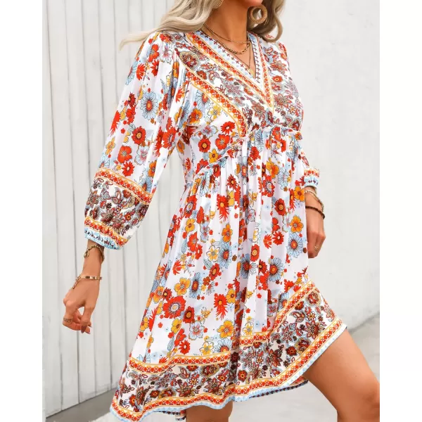 BTFBM Women Casual Spring Summer Dresses V Neck 34 Long Sleeve Ruffle Floral Flowy Boho Babydoll Mini Short Beach DressFloral White Red